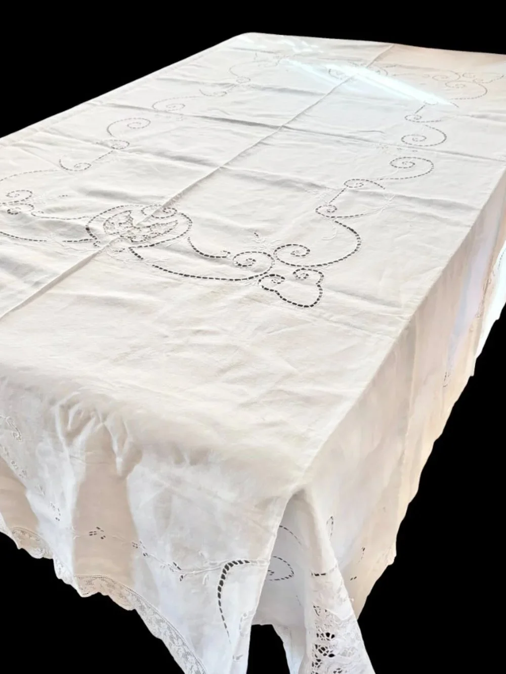 Vintage White Linen Eyelet Embroidered Tablecloth 68 x 84